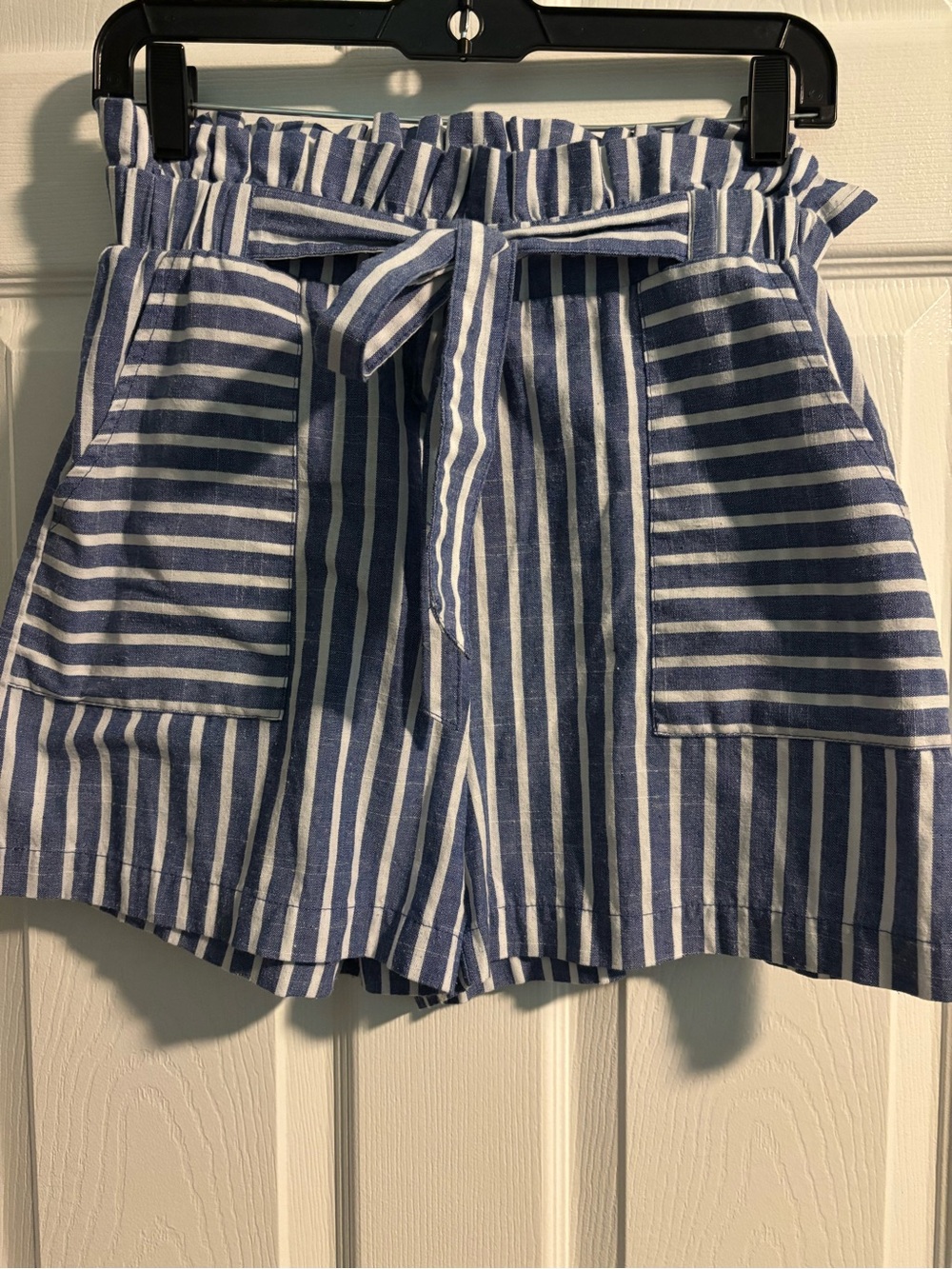 entro Navy and White Striped High-Waist Paperbag Shorts